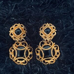 Vintage 80’s “Reflexions” Gold & Black Clip-On Earrings - Good Condition